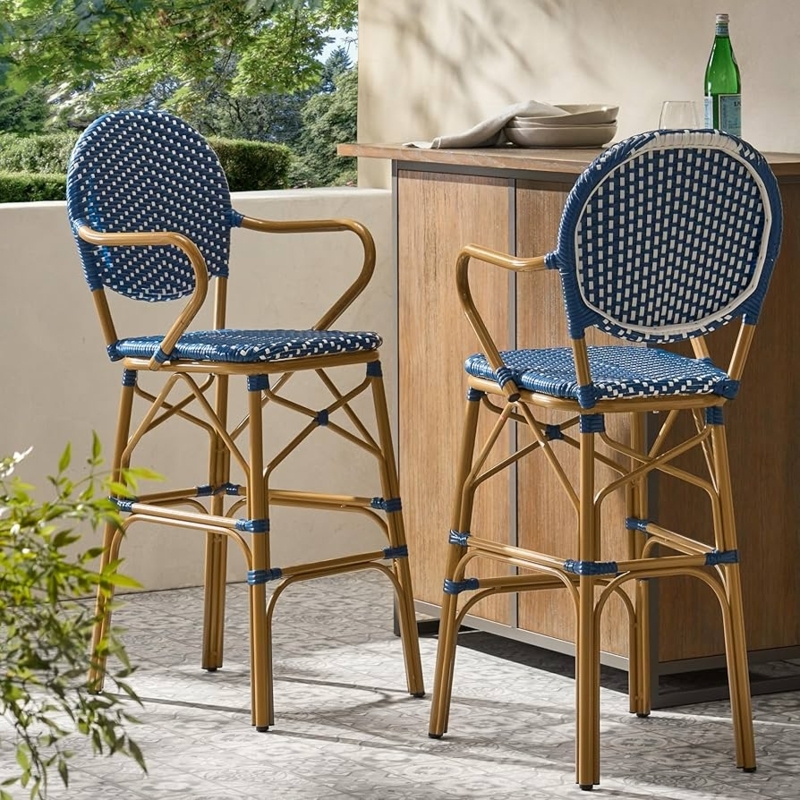Bar Stool featuring Navy Blue Weave and Bamboo Veneer Aluminum Frame