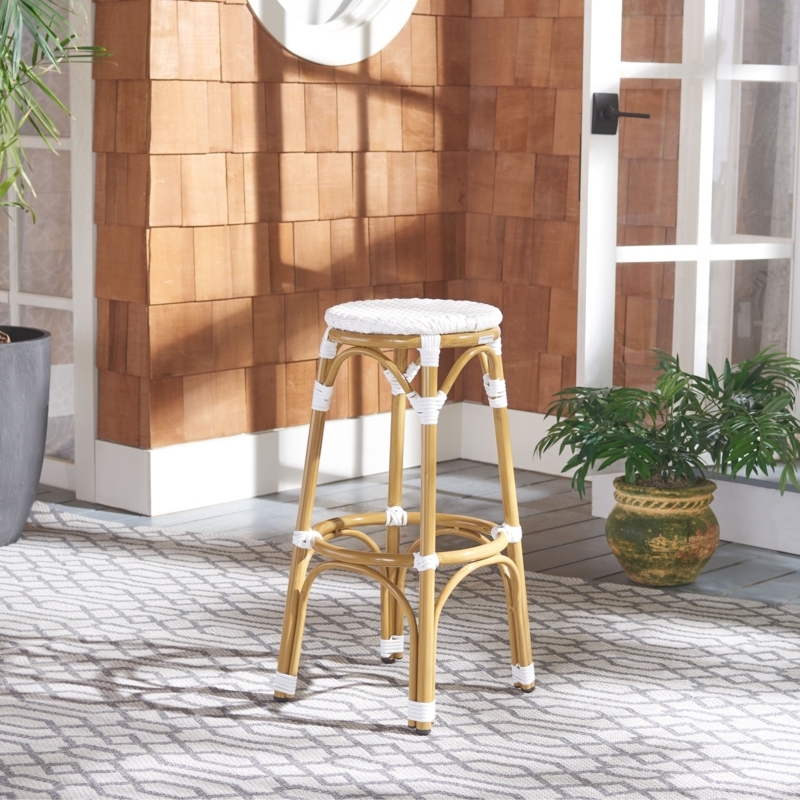 Bar Stool French Bistro Navy White Chevron Bamboo Style Curved Back