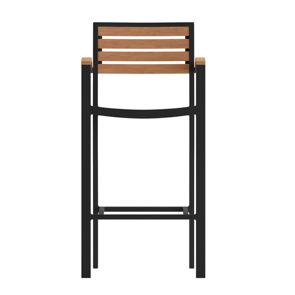 Bar Stool Gray Wash Resin Slats Integrated Arms Silver Frame Outdoor