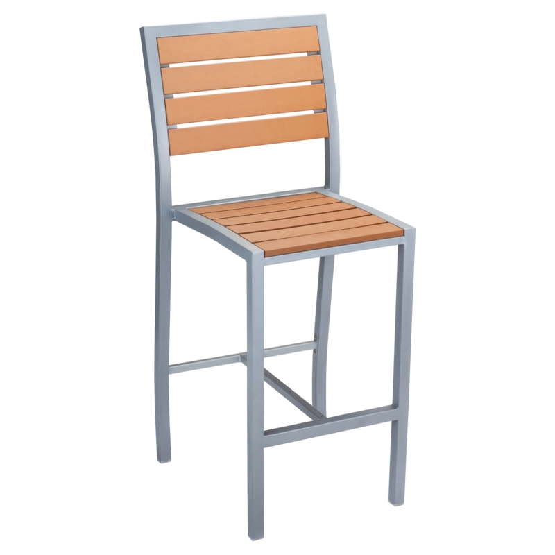 Bar Stool Grey Metal Frame with Wood Toned Slats Patio
