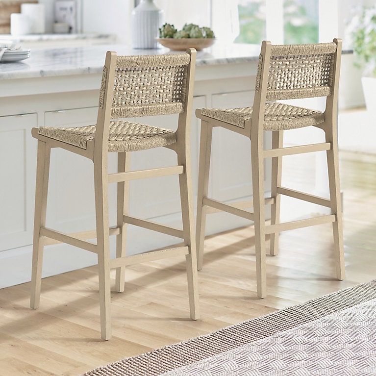 Bar Stool, Low Back Silhouette Woven Rope Seat Whitewashed Coastal