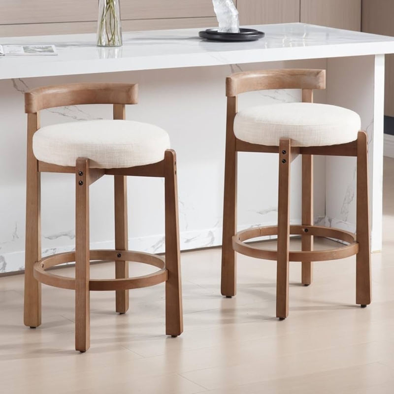 Bar Stool Low Back Tapered Wood Legs Beige Upholstery