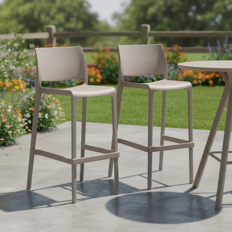 Bar Stool, Low Back Taupe Plastic Slatted Seat Weather Resistant