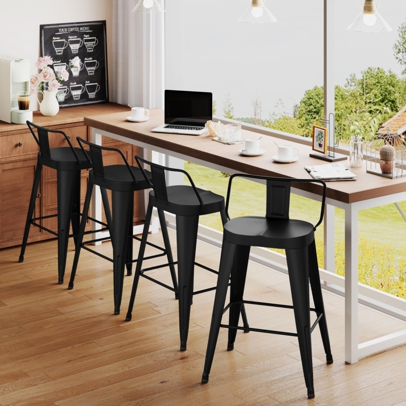 Bar Stool, Matte Black Metal Industrial Silhouette Minimalist Patio