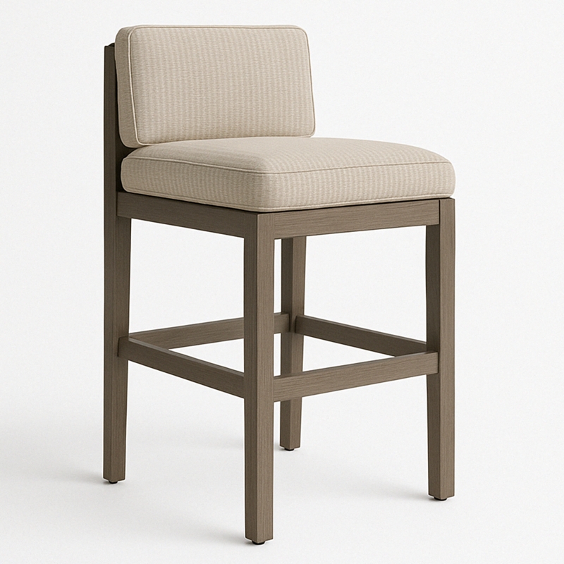 Bar Stool Modern Coastal Teak Frame Curved Upholstered Back Beige