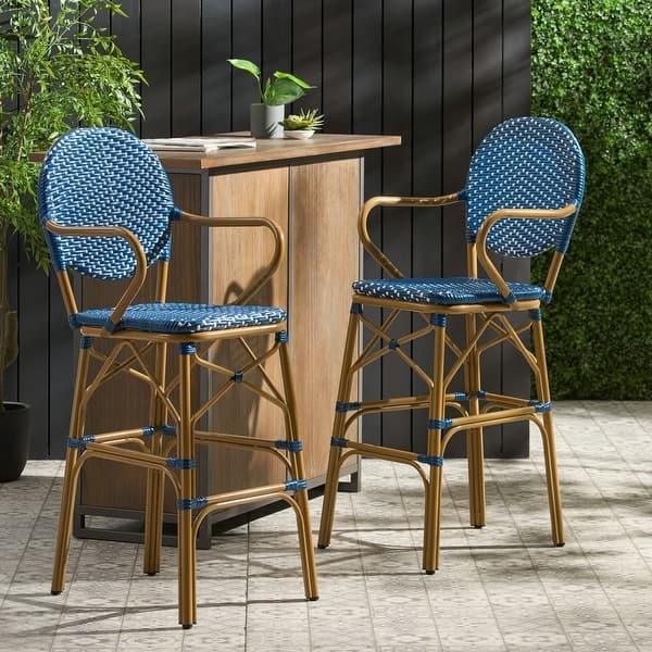 Bar Stool Natural Woven Wicker Black Metal Frame Boho Kitchen Seating