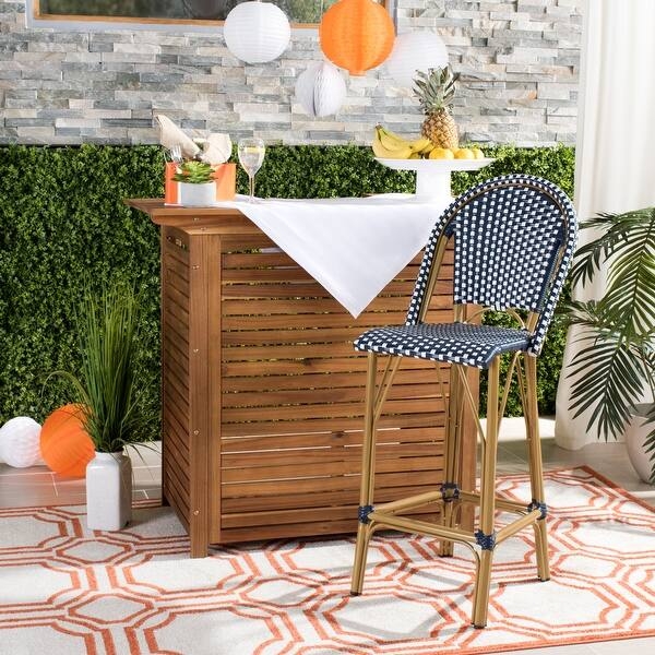 Bar Stool Navy White Chevron Pattern Wood Toned Frame Bistro Seating