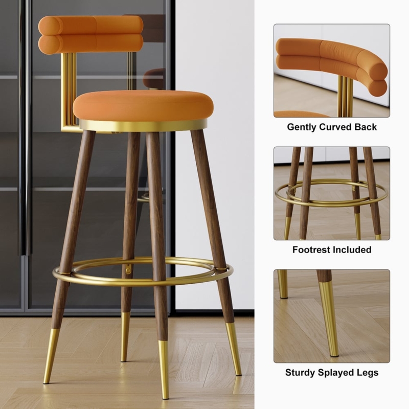 Bar Stool Orange Velvet Channel Tufting Gold Capped Feet