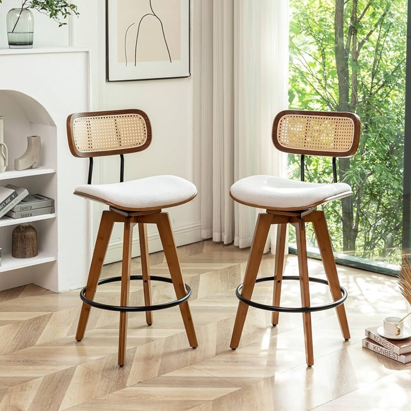 Bar Stool Rattan Backrest Gold Footrest Ring Swivel Beige