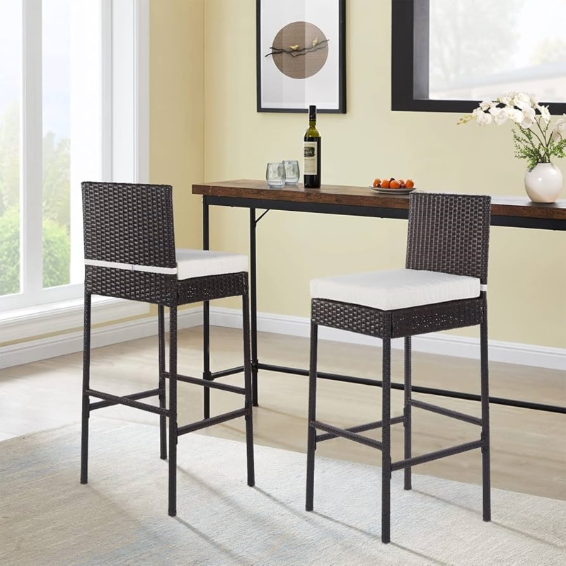Bar Stool Set, Contoured Brown Wicker Back, Black Metal Sled Legs