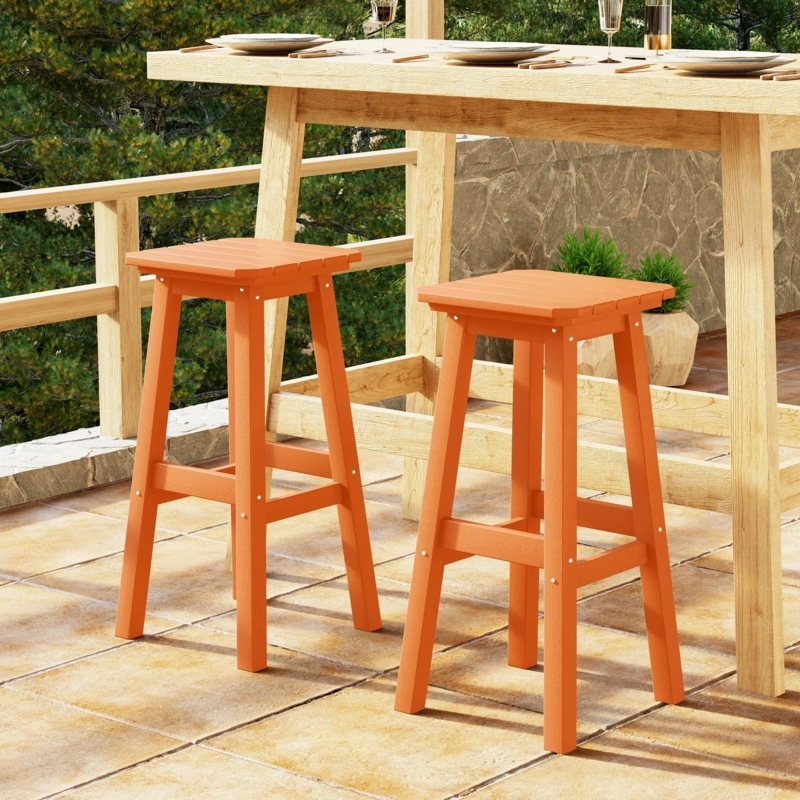 Bar Stool Set of 2 White HDPE Slatted Back Coastal Style