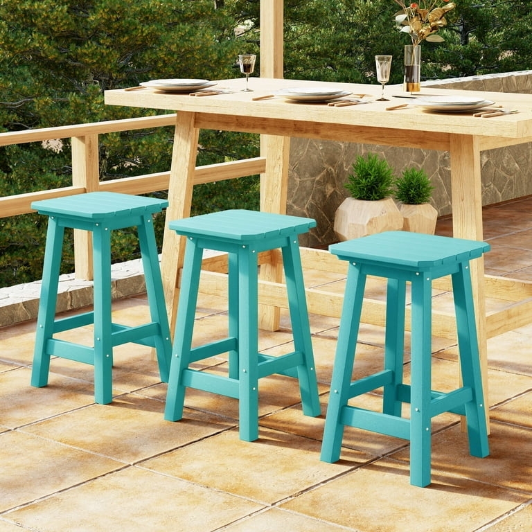 Bar Stool Set of 3 Turquoise HDPE Backless Square Weather Resistant