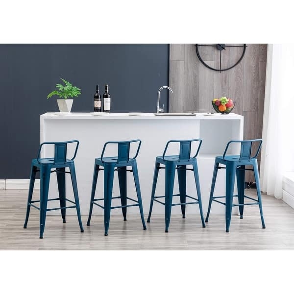 Bar Stool Set of 4, Low Back Distressed Finish Industrial Metal