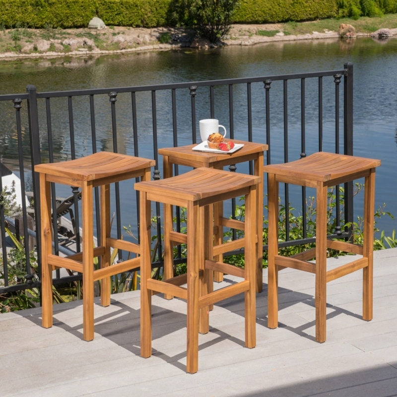 Bar Stool Set of 4 Slatted Wood Construction Modern Rustic