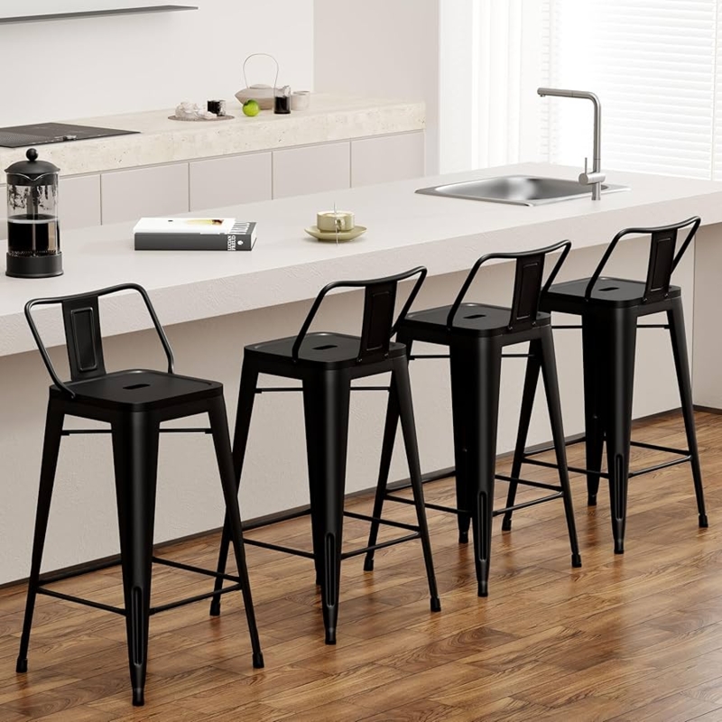 Bar Stool Set of Four Industrial Style, Wood-Toned Seat Curved Backrest