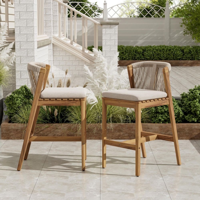 Bar Stool Set Woven Rope Backrest with Beige Cushions