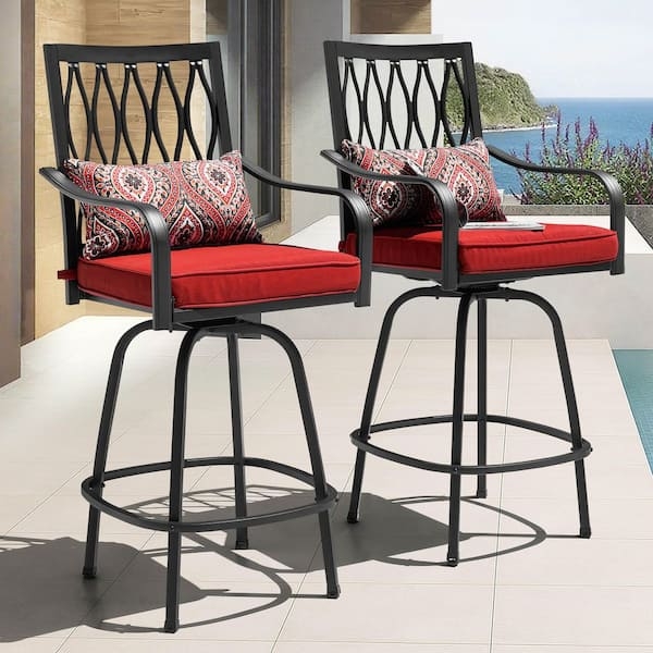 Bar Stool Swivel Seat Red Cushions Black Metal Frame Slatted Back
