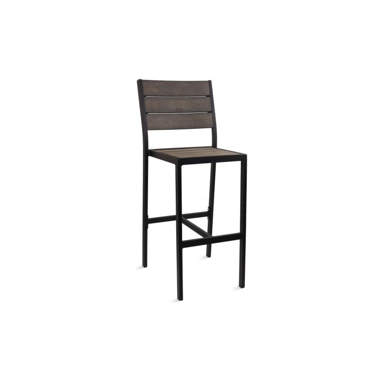 Bar Stool, Synthetic Teak Slats, Brushed Charcoal Metal Frame, Industrial
