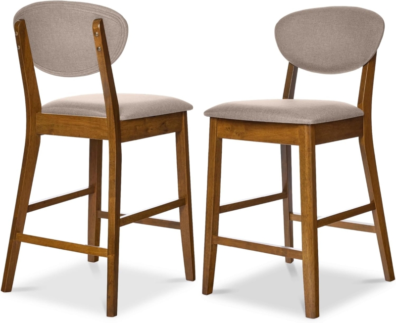 Bar Stool Walnut Finish Curved Backrest Gray Upholstery