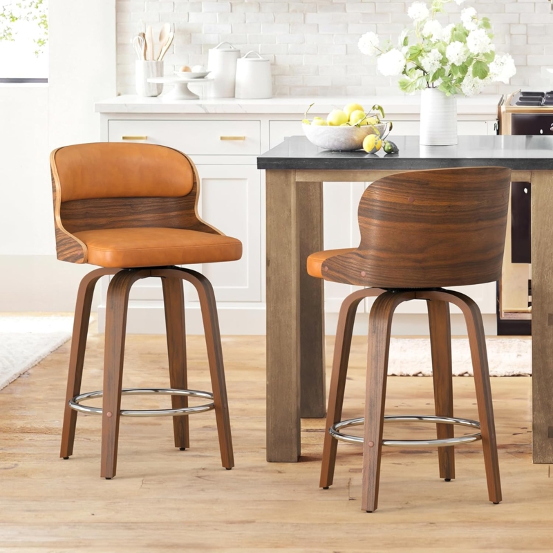 Bar Stool Whiskey Brown Upholstery Curved Wood Back Walnut Finish