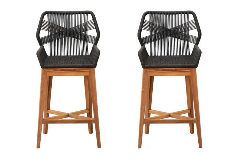 Bar Stool with Black Woven Rope Back Natural Wood Frame Coastal Seating