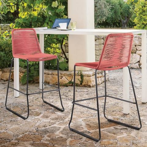 Bar Stool with Brick Red Cord Weave and Black Metal Industrial Frame