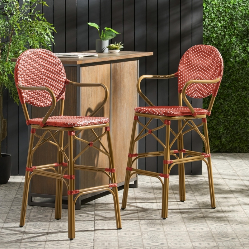 Bar Stool with Red Woven Pattern and Bamboo Look Aluminum Frame