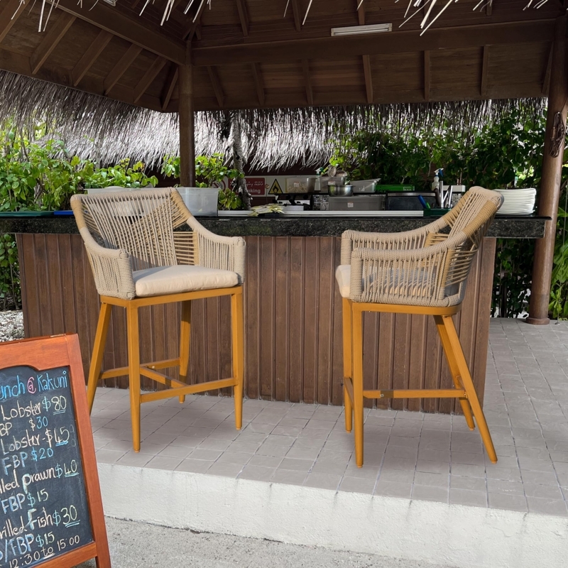 Bar Stool with Vertical Woven Rope Back, White Frame & Gray Cushion