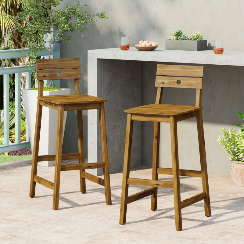 Bar Stool Wood Toned Curved Backrest Outdoor Patio Seating