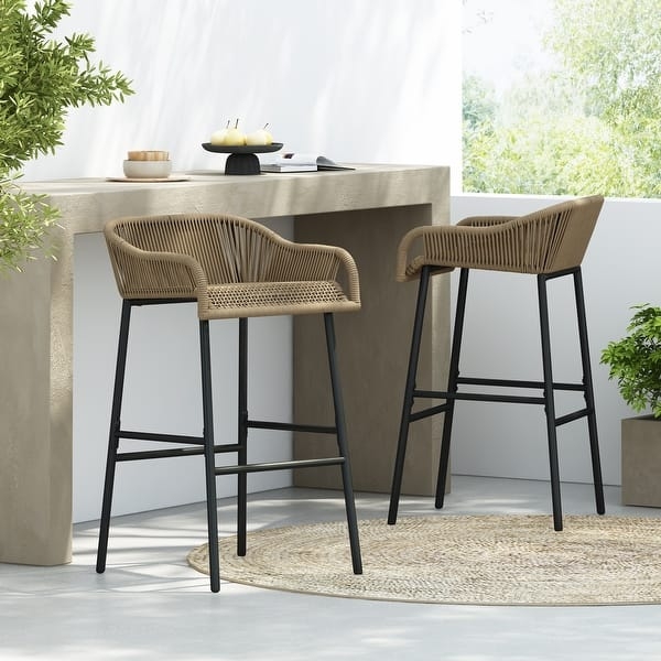 Bar Stool, Woven Brown Rope Seat, Tapered Wood Toned Legs, Mid-Century