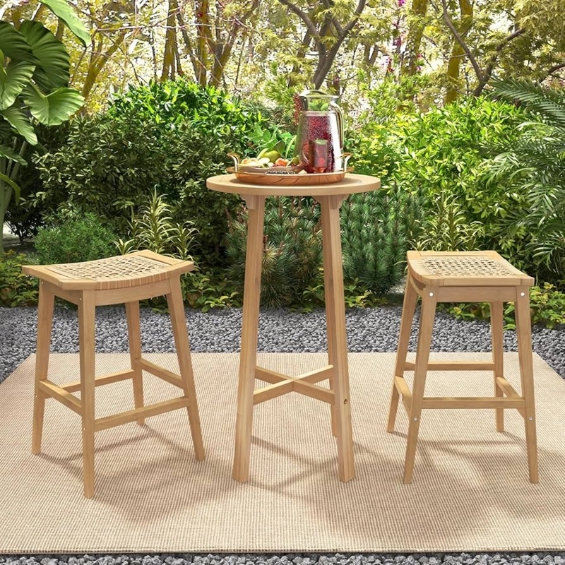 Bar Stool Woven Rattan Saddle Seat Boho Natural Wood