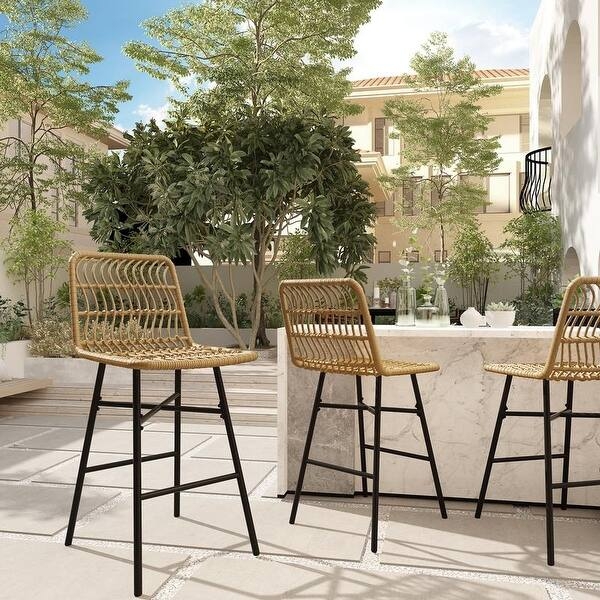 Bar Stool Woven Rattan Seat Slim Black Metal Frame Curved Back