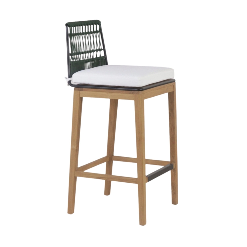 Bar Stool Woven Rope Back Teak Look Frame White Cushion