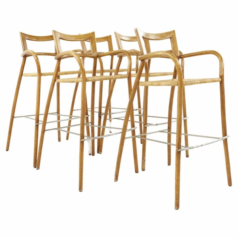 Bar Stool Woven Rope Seat Tapered Legs Low Back Dark Wood