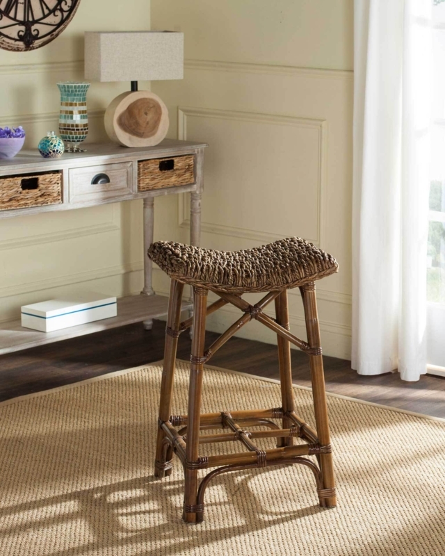 Bar Stool Woven Wicker Curved Seat Black Metal Legs Modern Coastal