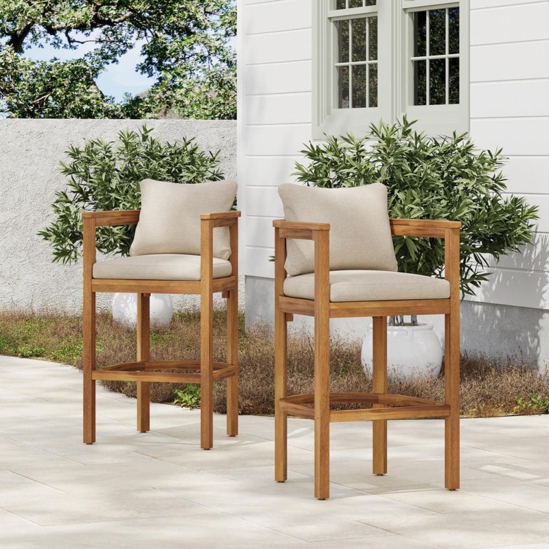 Bar Stool Wrap Around Arms Teak Finish Beige Cushions Coastal