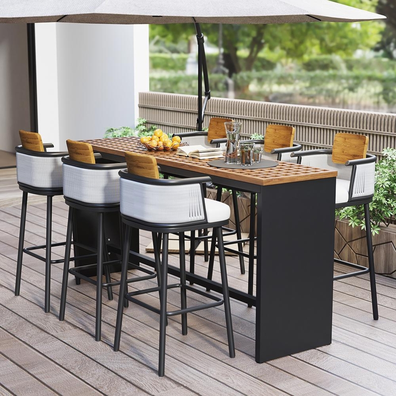 Bar Stools Black Aluminum Frame Wood Slat Accents Grey Cushion Modern