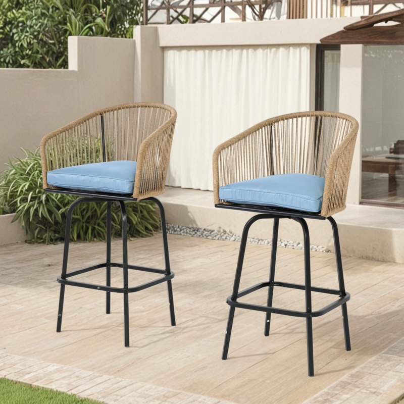 Bar Stools: Charcoal Woven Bucket Seat, Metal Frame Outdoor Set