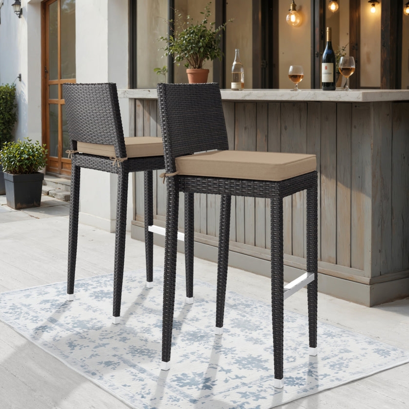 Bar Stools Set of 2 Espresso Wicker Camel Cushions Metal Sled Base