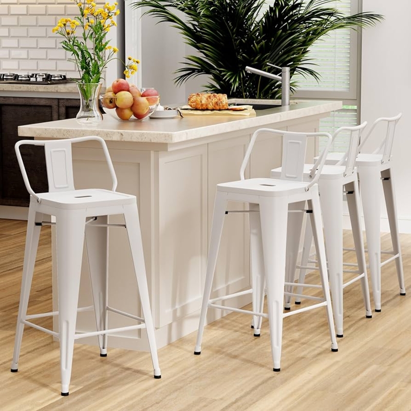 Bar Stools Set of 4 Cream White Metal Low Back Silhouette