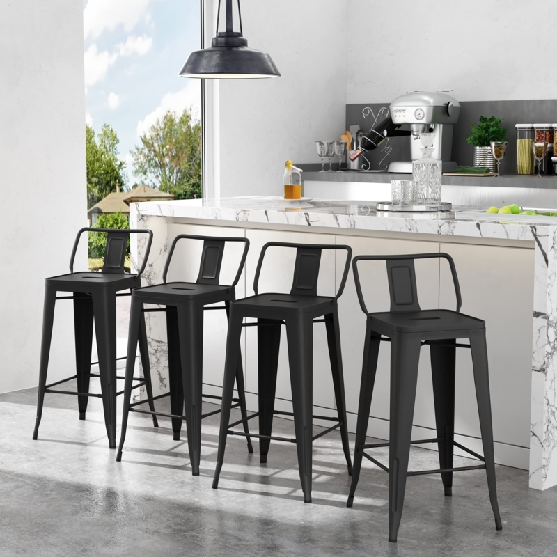 Bar Stools with low wraparound backrest, matte black metal. (61)