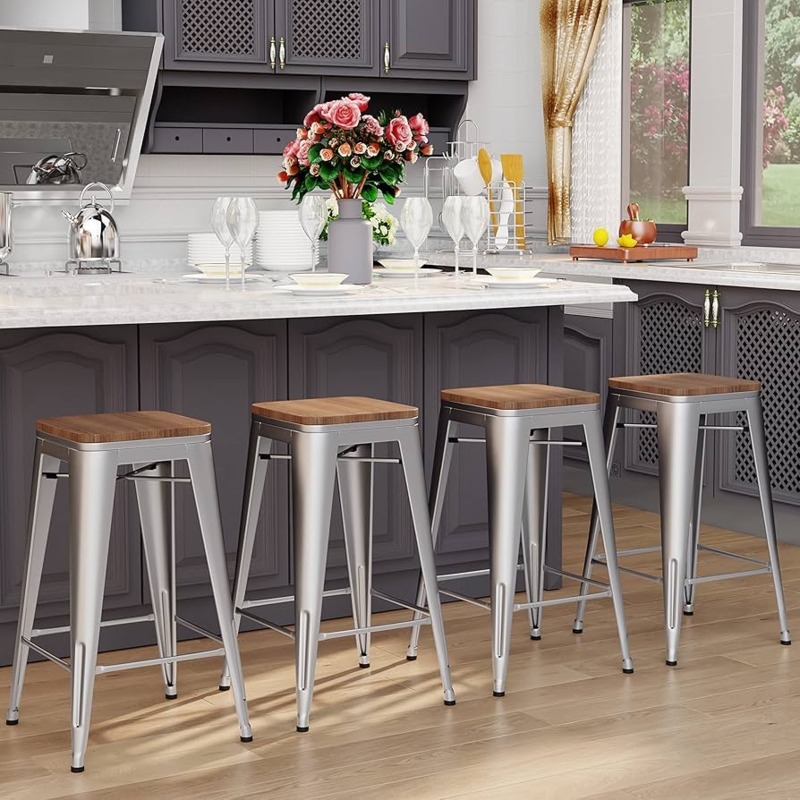 Bar Stools with satin silver metallic finish, stackable design. (65)
