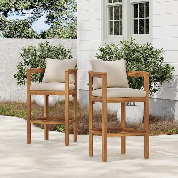 Bar Stools Wood Toned Ladder Back Beige Cushion Rustic Patio Seating