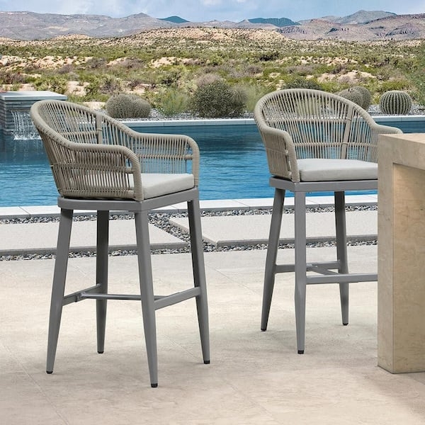 Bar Stools Woven Rattan Back Aluminum Frame Grey Cushion Patio Set