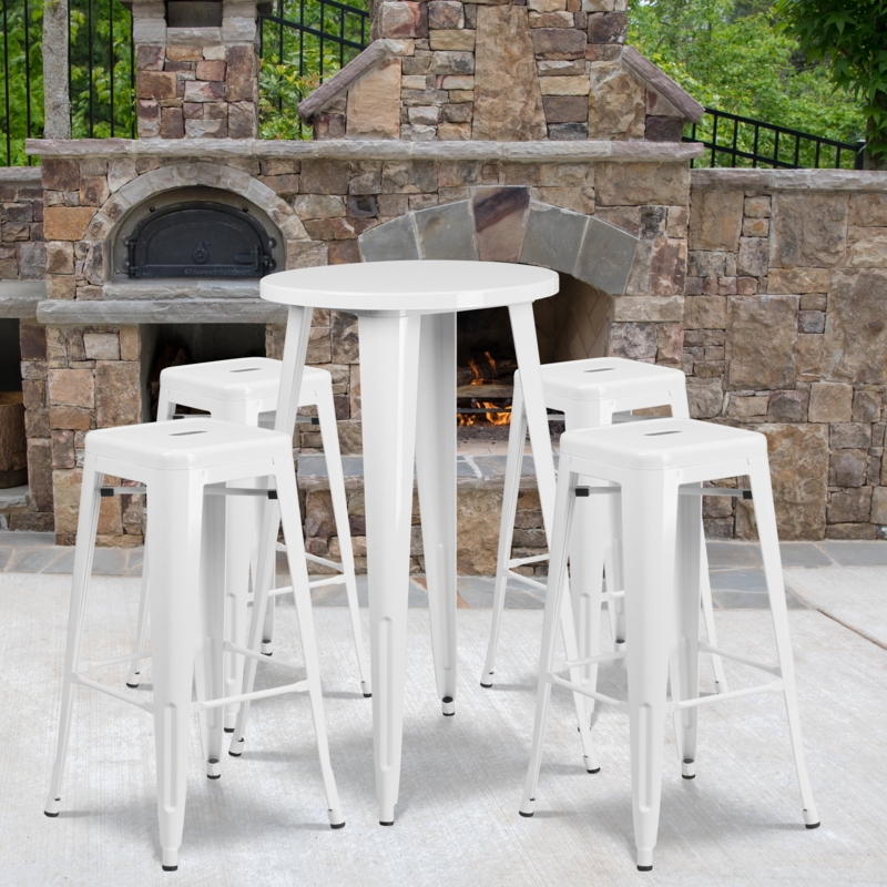 Bar Table Set 5-Piece White Metal Industrial Backless Stools