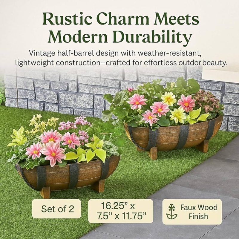 Barrel Planter Half-Round Set in Dark Brown Wood Look Plastic Finish
