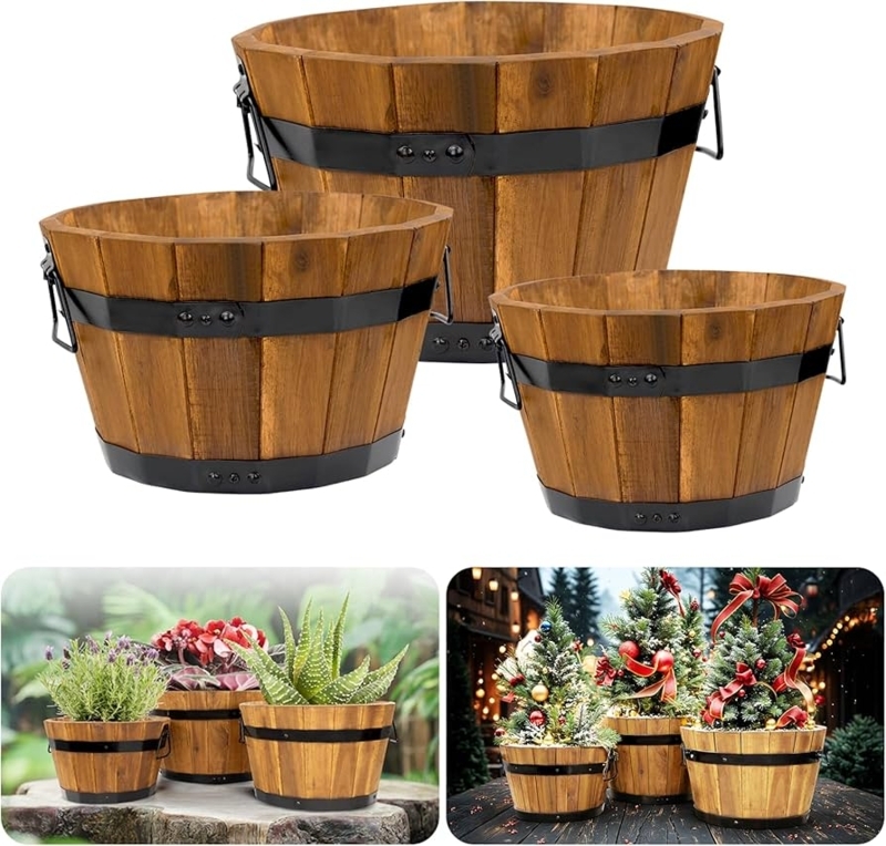 Barrel Planter Rope Handles Metal Bands Rustic Barrel Planter Set