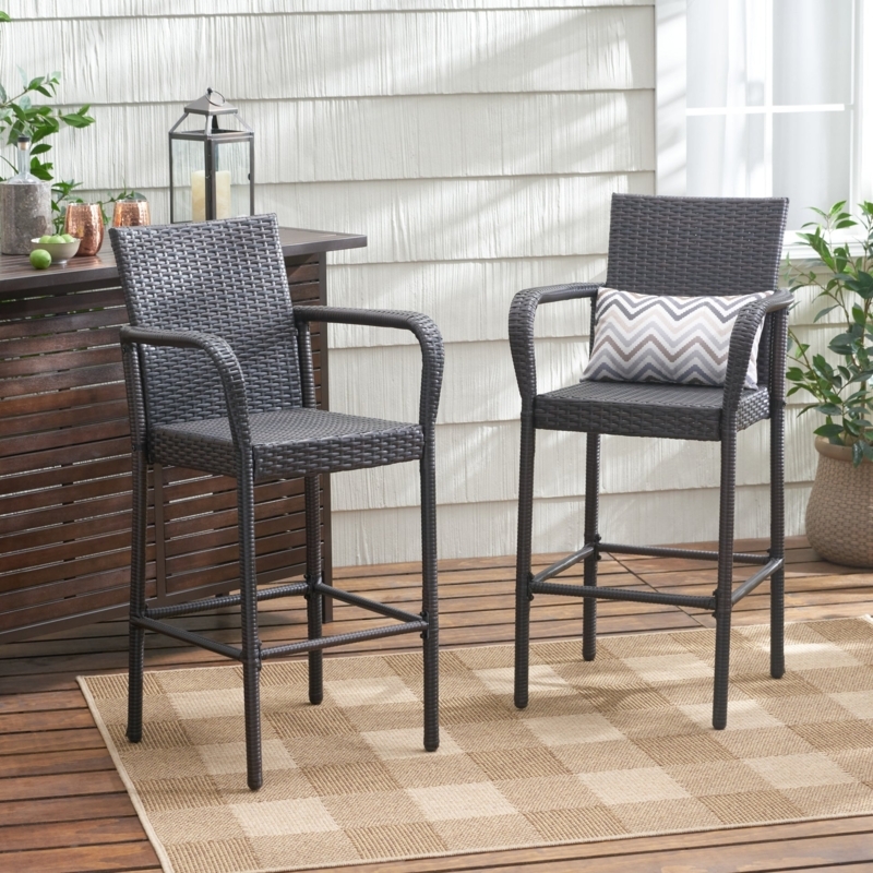 Barstool Set of 2, Espresso Wicker-Like Weave, Slim Black Metal Frame
