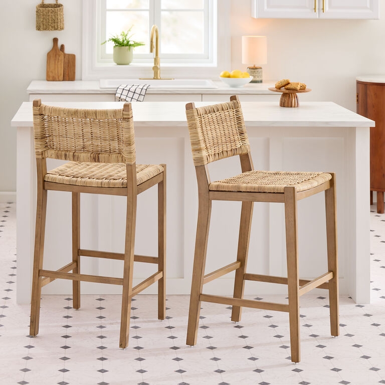 Barstool with Woven Checkered Rattan and Square Tapered Legs, Coastal