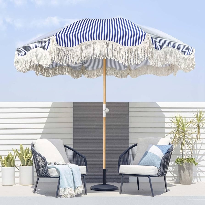 Beach Umbrella Boho Fringe Tassels Blue Striped Wood Pole